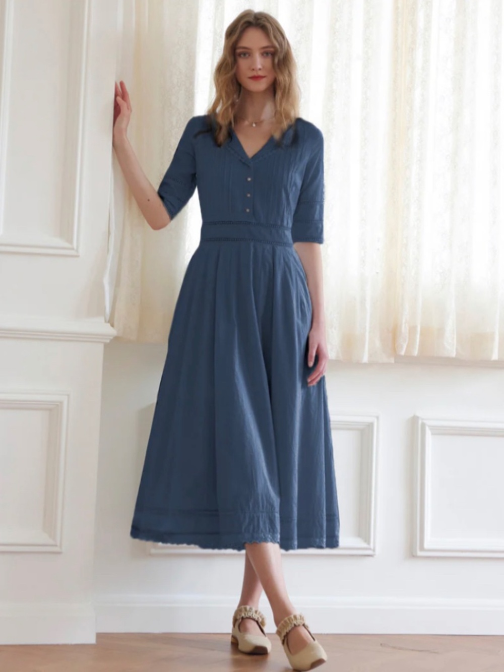 Simple Retro Fiona Cotton Blue Midi Dress